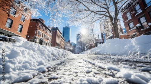 Fototapeta Naklejka Na Ścianę i Meble -  350. eye-level view, taken in the middle of a Boston avenue, featuring a stunning snow-covered winter cityscape in the background. The streets are covered in fresh white snow, reflecting