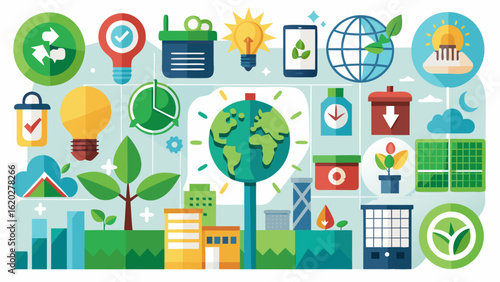 Sustainable living and environmental protection icons and illustrations