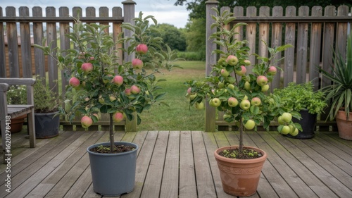Two potted apple trees with red and green fruits on a wooden deck