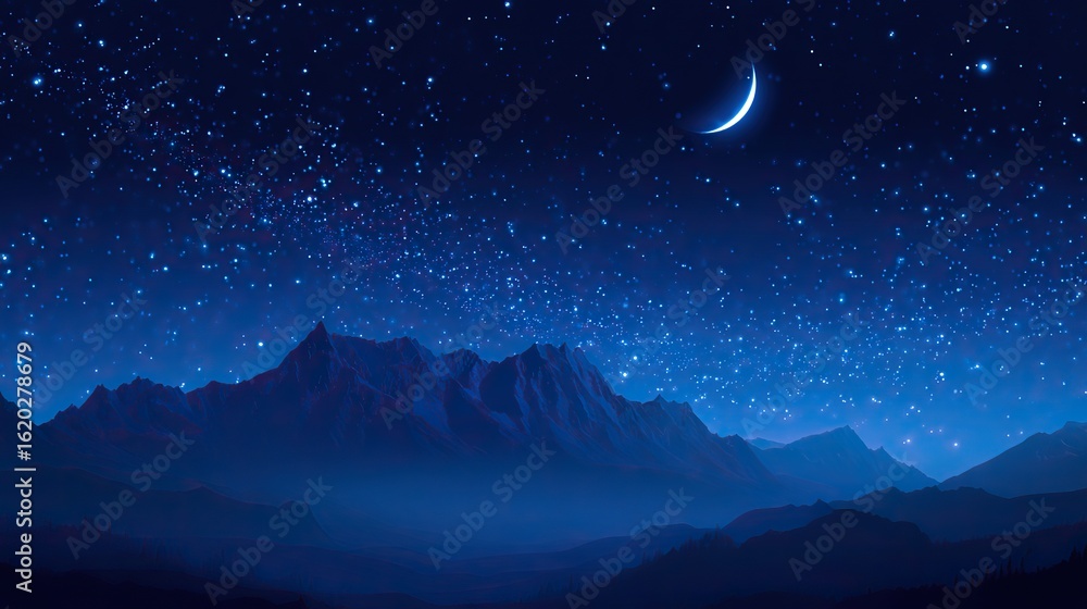 Starry night sky with mountains in the background, a bright crescent moon, and countless stars, evoking tranquility and mystery through a deep blue color scheme that adds depth. Starry night sky with mountains in the background, a bright crescent moon, and countless stars, evoking tranquility and mystery through a deep blue color scheme that adds depth.
