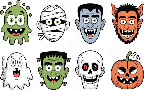 Cartoon halloween monsters and pumpkin vector illustration