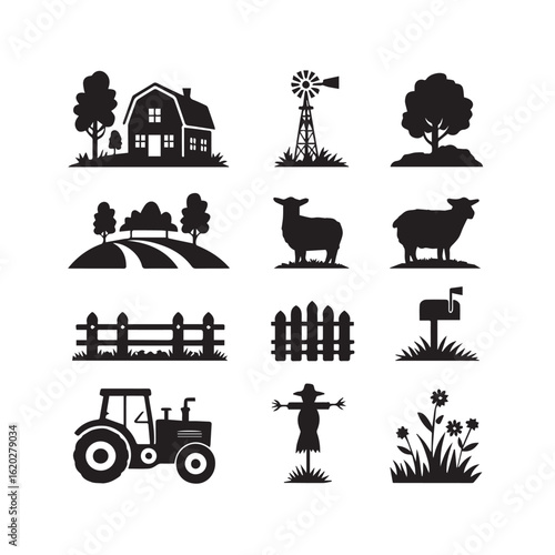 Collection of rustic farm icons featuring a barn windmill sheep tractor scarecrow and countryside landscape silhouette