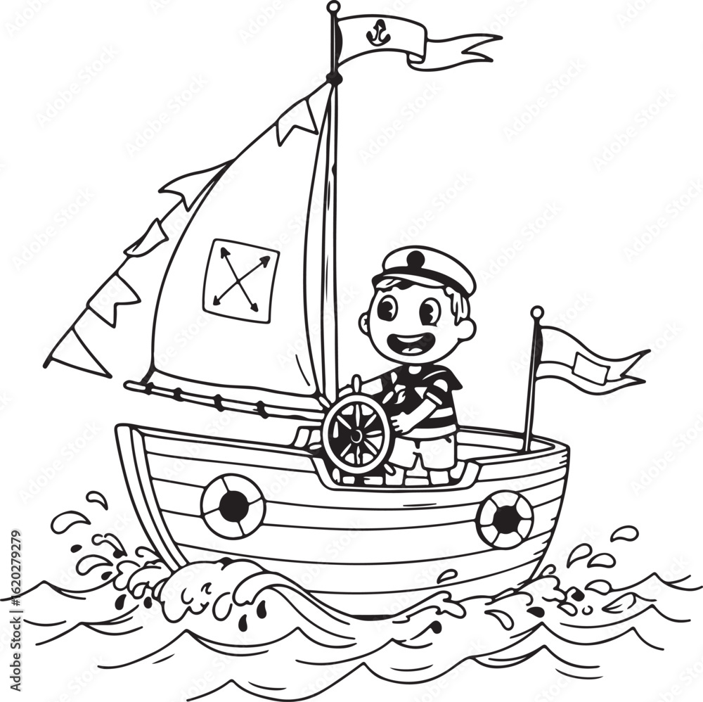 Fototapeta premium Child sailor steering a cartoon boat with flags, illustrated in a fun and imaginative black and white style,