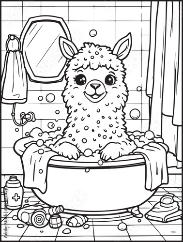 Printable animal-themed coloring page for kids and adults: Cute llama taking a shower