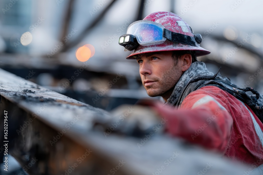 Fototapeta premium A determined firefighter climbs through charred rubble, deeply focused on the task at hand, illustrating the resilience of those who combat fire and chaos.