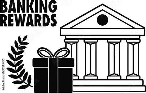 Banking rewards program with bank building gift and laurel wreath, vector illustration