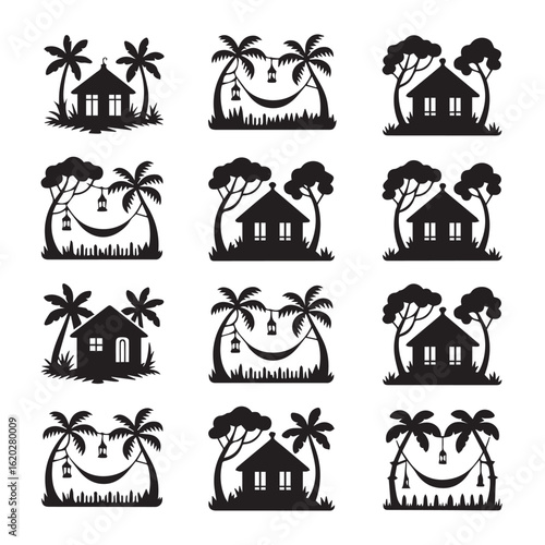Collection of tropical beach bungalow and palm tree scenes in a distinctive silhouette style