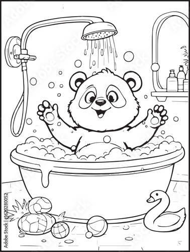 Printable animal-themed coloring page for kids and adults: Panda taking a shower