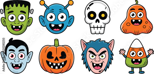 Cute cartoon halloween monster face character collection