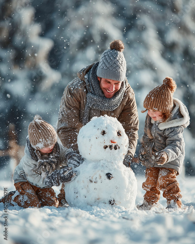 Happy family playing with snowman in winter forest. Father and children having fun outdoors.