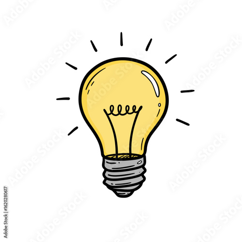 Hand-drawn glowing light bulb illustration. Doodle sketch of a yellow bulb representing a creative idea, innovation, and solution.