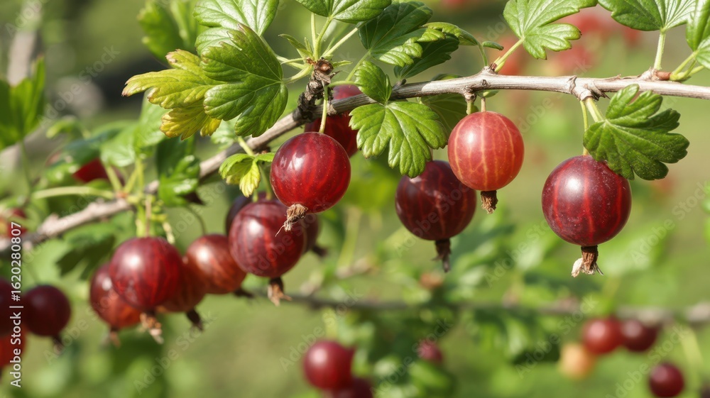 Fototapeta premium Cluster of burgundy gooseberries with foliage