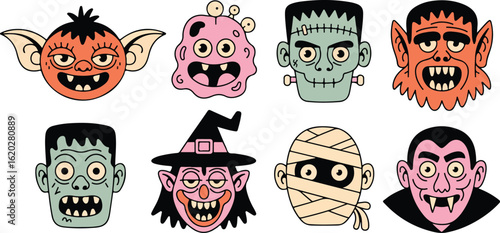 Cute cartoon monsters and halloween characters illustration