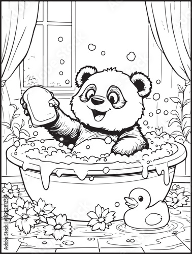 Printable animal-themed coloring page for kids and adults: Panda bear taking a shower