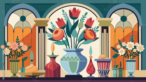 Vector art of art deco inspired still life showcasing a variety of floral arrangements in decorative vases, exuding vintage charm and artistic flair