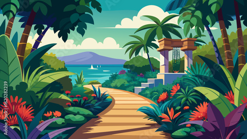 Vector art of a vibrant tropical paradise with lush greenery, palm trees, and exotic flowers leading to a scenic ocean view with a distant mountain and a sailboat