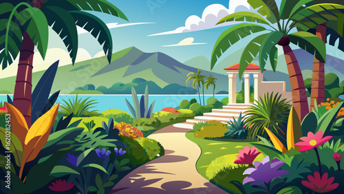 Vector art of scenic tropical landscape with a winding path through exotic plants, leading to a classical gazebo with steps and a view of the ocean