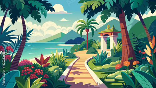 Vector art of scenic tropical island pathway surrounded by vibrant foliage and palm trees, with a view of the blue ocean, distant mountains, and a small pavilion