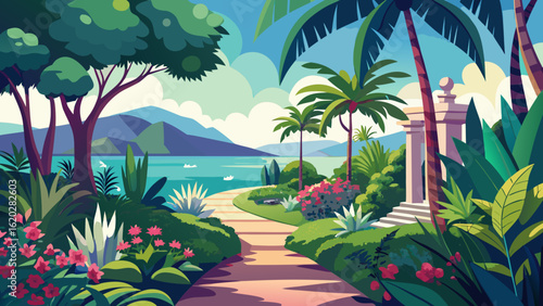 Vector art of idyllic tropical landscape featuring a sunlit path through dense greenery, exotic plants, and palm trees, leading to a tranquil ocean vista with mountains