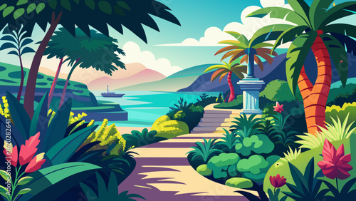 Vector art of vibrant tropical paradise with a scenic pathway leading to a blue ocean, lush greenery, palm trees, and distant mountains under a sunny sky