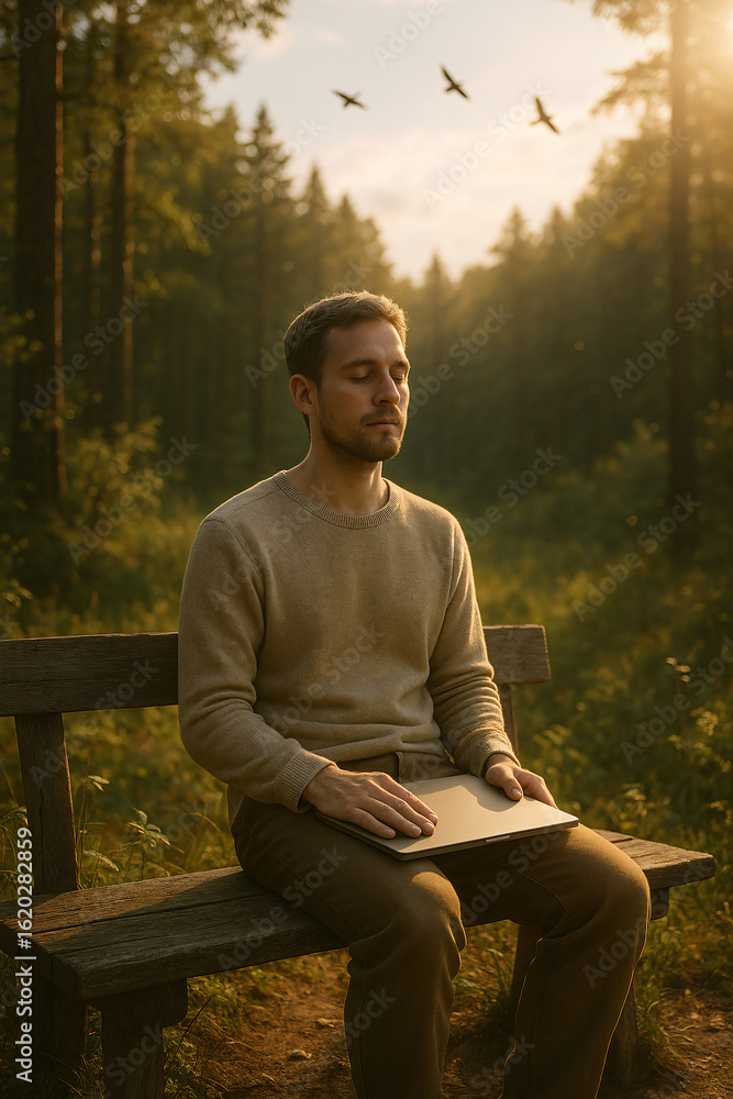 Obraz premium Man Practicing Digital Detox in Forest — Mindfulness and Nature Connection 
