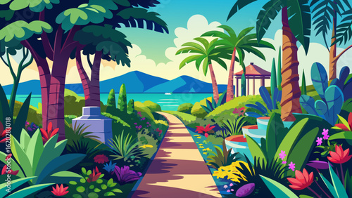 Vector art of vibrant tropical island paradise with a lush garden path leading to the ocean and distant mountains under a partly cloudy sky