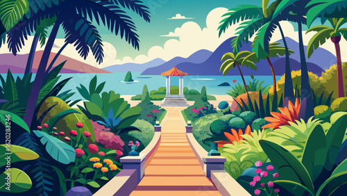 Vector art of vibrant tropical paradise with a lush garden path leading to a serene beach and calm ocean, under a bright sky with fluffy clouds