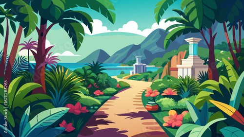 Vector art of idyllic tropical island scenery featuring a winding garden path through lush greenery towards a tranquil beach and sparkling ocean