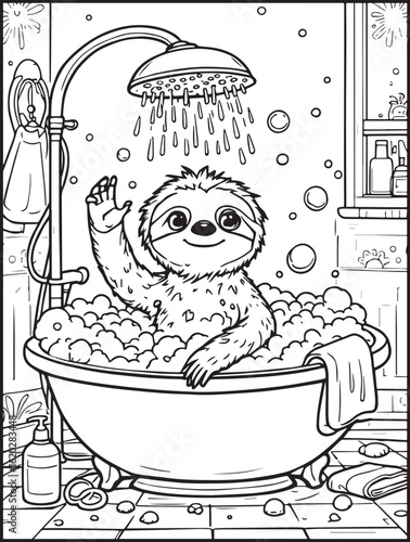 Printable animal-themed coloring page for kids and adults: Sloth taking a shower