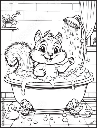 Printable animal-themed coloring page for kids and adults: Cute squirrel taking a shower