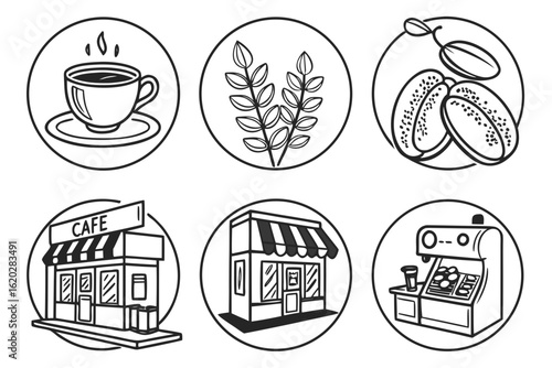 Coffee Shop Icons Cup Beans Plants and Buildings.
