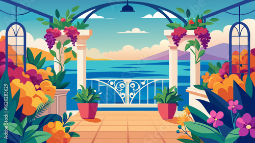 Vector art of a vibrant and colorful balcony overlooking a serene blue sea with lush green plants and flowers, offering a picturesque view of the horizon under a bright sky
