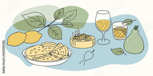 A delightful still life illustration of food and drinks with lemons and cheese