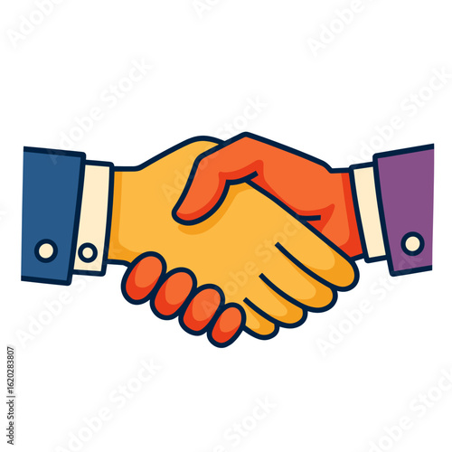 Colorful handshake between two illustrated hands in business attire  