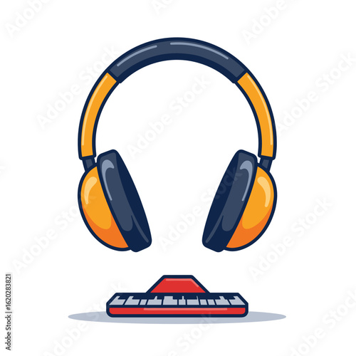 Colorful headphones and keyboard on white background  