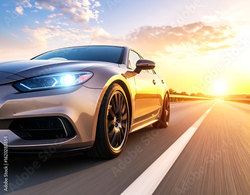 Sleek coupe driving on highway at sunset