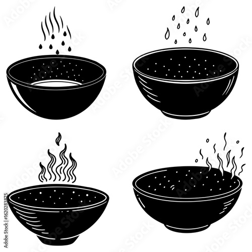Four bowls with different contents and steam or drops above them in a black and white illustration