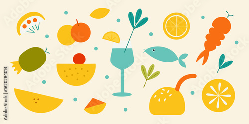 Vibrant summer fruits and refreshing drinks illustration