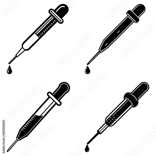 Four black and white dropper illustrations with liquid drops in a square arrangement on white background
