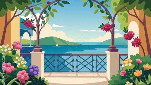 Vector art of charming balcony framed by trees and flowers, presenting a picturesque view of the sea, beach, and rolling green hills under a clear, sunny sky