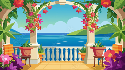 Vector art of a picturesque balcony with a railing and potted plants, framing a stunning ocean view with islands and mountains under a bright blue sky