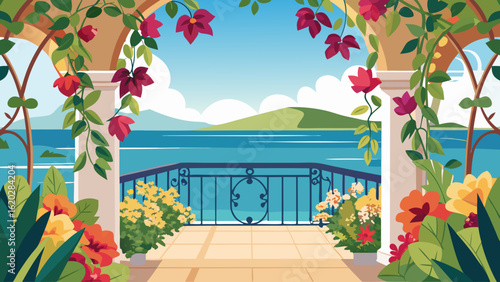 Vector art of a beautiful balcony overlooking the sea with blooming flowers and lush greenery, offering a serene view of the ocean and distant hills on a sunny day