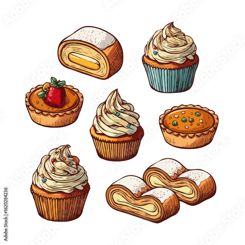 Hand-drawn illustration of assorted sweet pastries: cupcakes, tarts, and Swiss rolls; whimsical, appetizing style; perfect for bakery menus or websites.
