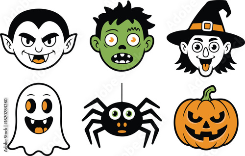 Halloween characters and icons vector illustration set