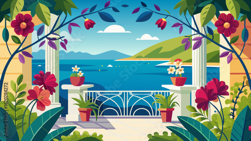 Vector art of an ornate balcony with floral decorations and potted plants, offering a breathtaking view of the blue sea, islands, and rolling green hills