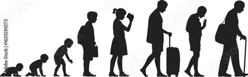 Male life stages silhouette, human age evolution, boy to old man growth, aging process concept, black vector illustration, timeline of male development