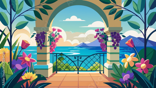 Vector art of vibrant illustration of a balcony overlooking the sea with lush plants and flowers, featuring an archway and distant mountains under a cloudy sky