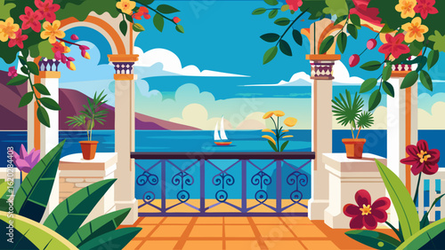 Vector art of idyllic balcony scene with a sailboat on the sea, surrounded by colorful flowers and greenery, under a bright blue sky with clouds