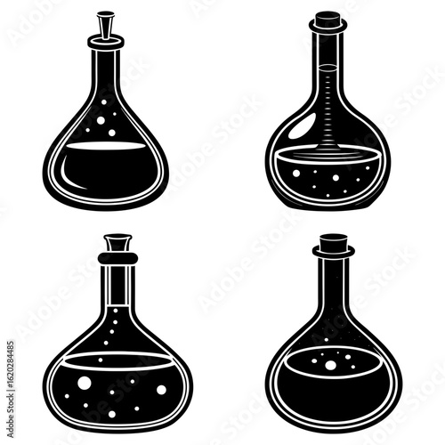 Illustration of four black and white laboratory flasks with liquid and stoppers in a row on white background