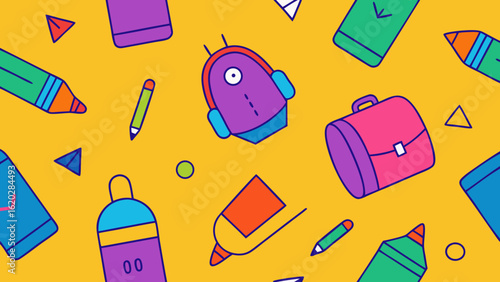 Colorful school supplies pattern on yellow background
